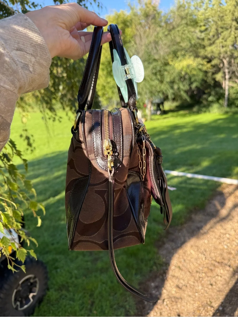 Coach Brown Signature Pattern Satchel with Gold Hardware